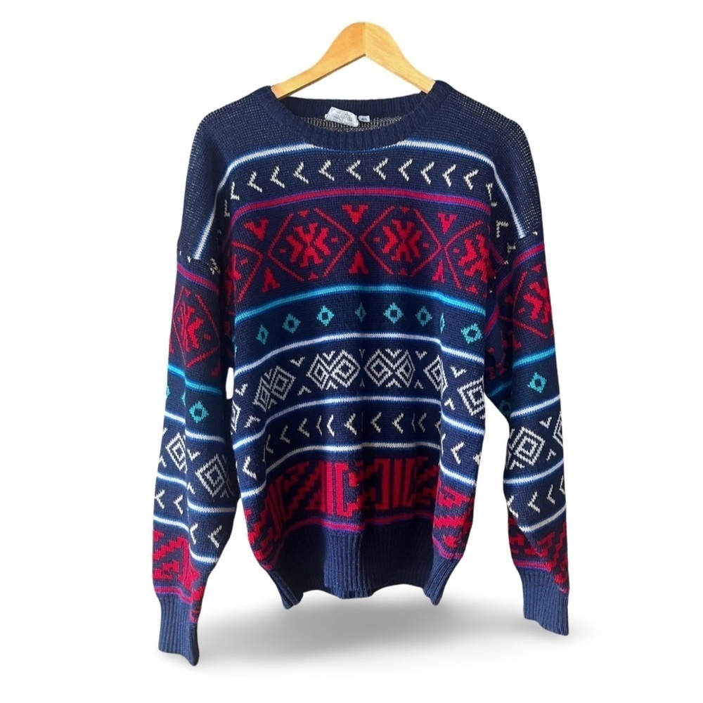 Vintage Wool Blend Sweater – Navy & Red Geometric Knit, 90s Cozy Classic